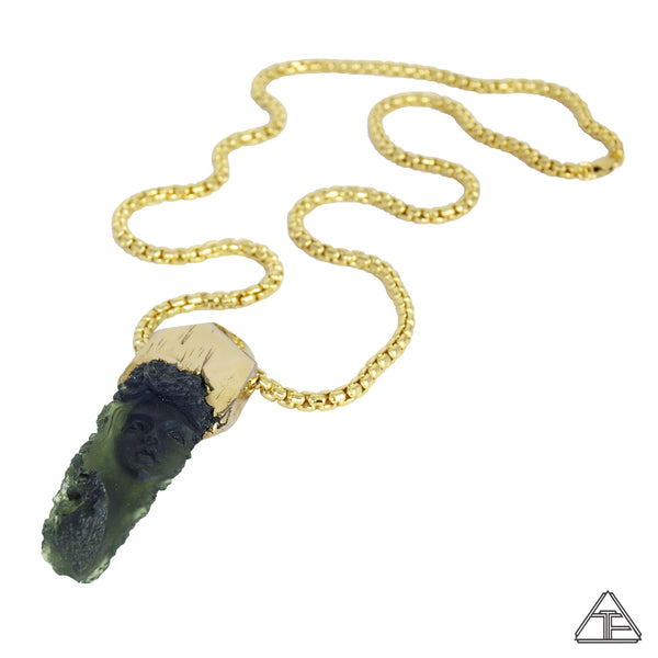 Large Moldavite Yellow Gold Crystal Talisman Pendant & Chain