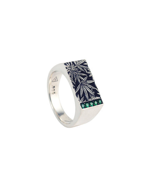 Cannabis Signet Silver Ring with Emeralds - Cannabis Jewelry Collection - Third Eye Assembly