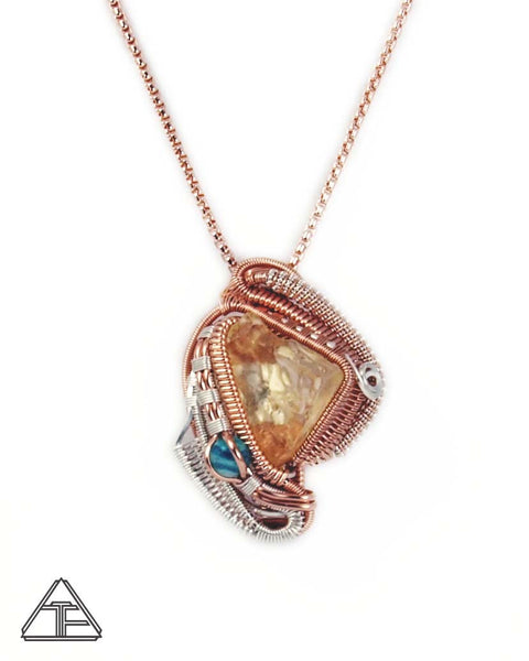 Libyan Glass and Amazonite Silver and Rose Gold Wire Wrapped Pendant