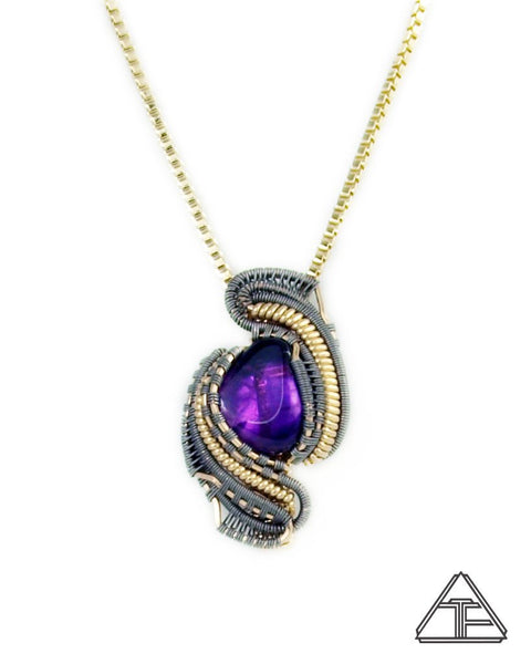 Amethyst Yellow Gold and Titanium Wire Wrapped Pendant
