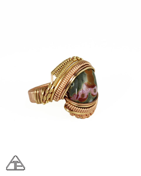 Size 10.5 - Ocean Jasper Rose and Yellow Gold Wire Wrapped Ring