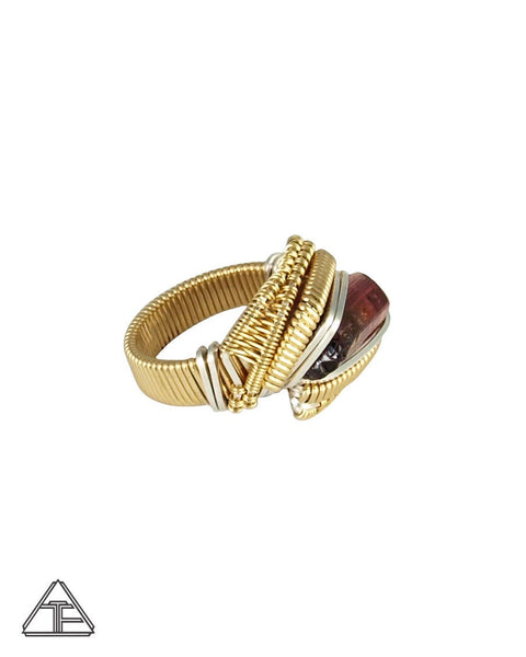 Size 6 - Multi-Color Tourmaline Yellow Gold and Silver Wire Wrapped Ring