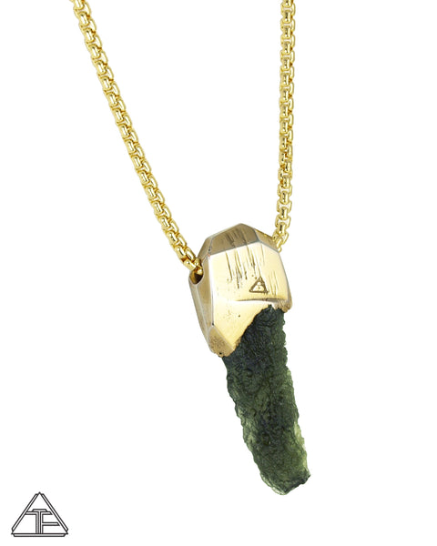 Large Moldavite Yellow Gold Crystal Talisman Pendant & Chain