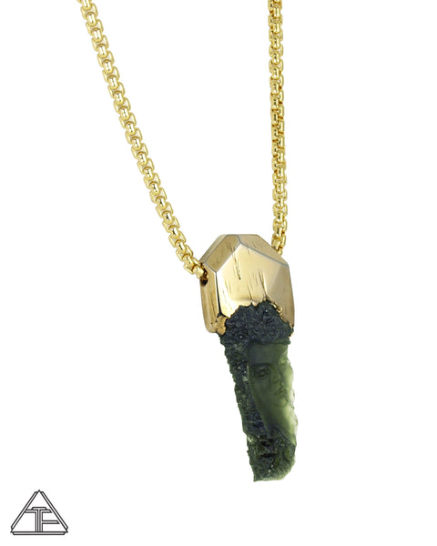 Large Moldavite Yellow Gold Crystal Talisman Pendant & Chain